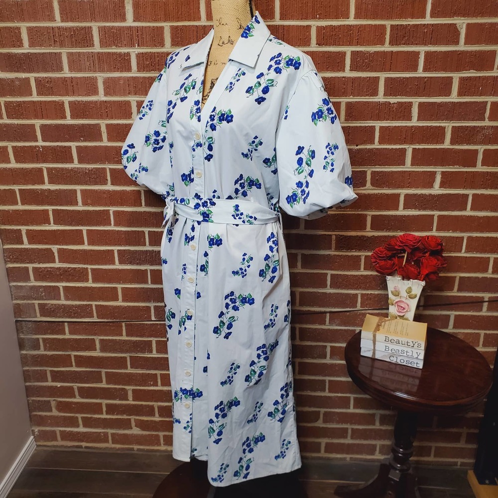 Ghospell Blue Floral Belted Button Front Oversized Puff Sleeve Midi Dress Small